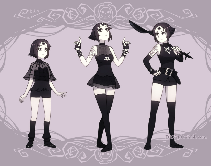 dav-19, pearl (steven universe), steven universe, 1girl, 80s pearl, alternate costume, belt, black gloves, black pearl, breasts, colored skin, forehead jewel, gem, gloves, goth fashion, pearl (species) (steven universe), polearm, shirt, short hair, shoulder tattoo, smile, spear, tattoo, weapon, white skin