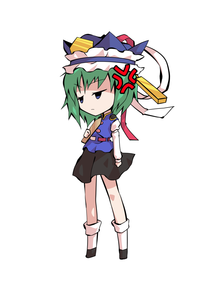dairi, shiki eiki, touhou, commentary request, large variant set, variant set, 1girl, black shoes, black skirt, blue hat, blue vest, bow, breasts, buttons, chibi, chibi only, full body, green hair, hat, holding, long sleeves, miniskirt, parody, puffy long sleeves, puffy sleeves, red bow, ribbon-trimmed clothes, ribbon trim, rod of remorse, shirt, shoes, short hair, shoulder pads, skirt, socks, solo, standing, tachi-e, transparent background, turtleneck, vest, white bow, white shirt, white socks