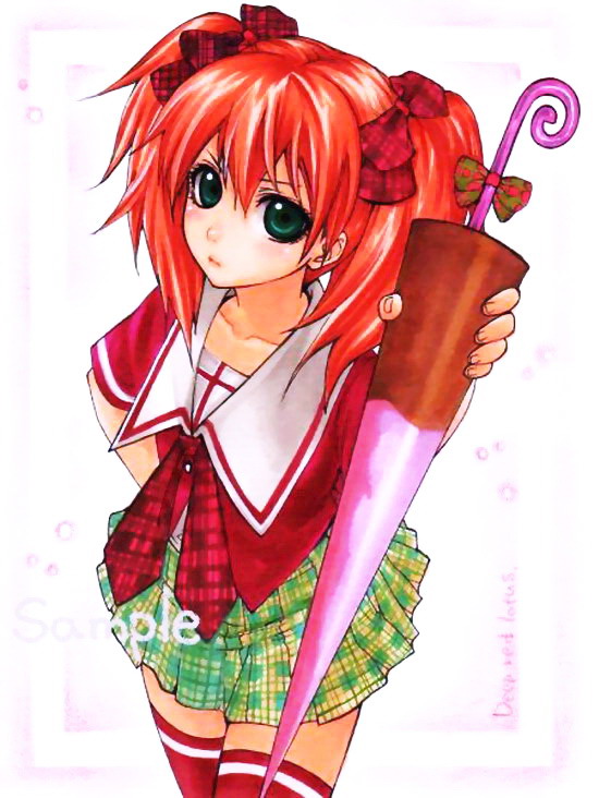shuzen kokoa, rosario+vampire, 00s, 1girl, blush, bow, bracelet, collarbone, cowboy shot, cropped legs, female focus, fingernails, foreshortening, from above, green eyes, hair between eyes, hair bow, hair ornament, hand on own hip, holding, jewelry, long hair, looking at viewer, looking up, miniskirt, neckerchief, plaid clothes, plaid skirt, pleated skirt, red bow, red hair, red shirt, red thighhighs, sailor collar, shirt, short sleeves, sitting, skirt, solo, thighhighs, twintails, zettai ryouiki