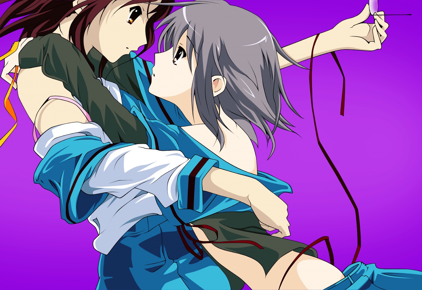 nagato yuki, suzumiya haruhi, kannazuki no miko, suzumiya haruhi no yuuutsu, 2girls, hug, miko embrace, multiple girls, parody, school uniform, serafuku, undressing, yuri