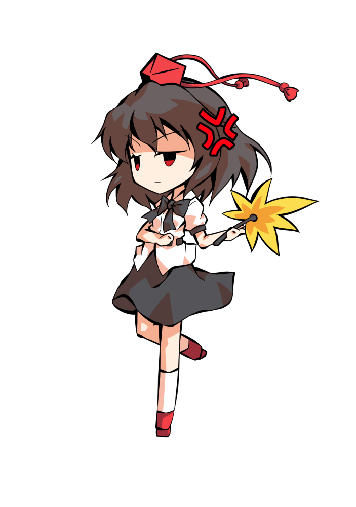 dairi, shameimaru aya, touhou, commentary request, large variant set, variant set, 1girl, black hair, black ribbon, black skirt, chibi, chibi only, collared shirt, full body, hair between eyes, hand fan, hat, holding, holding fan, leaf fan, medium hair, neck ribbon, puffy sleeves, red shoes, ribbon, shirt, shoes, skirt, socks, solo, standing, standing on one leg, tachi-e, tokin hat, transparent background, white shirt, white socks
