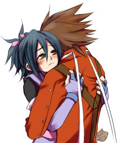 fujibayashi sheena, lloyd irving, tales of (series), tales of symphonia, 00s, 1boy, 1girl, black hair, blush, brown eyes, brown hair, comforting, couple, elbow gloves, fingerless gloves, gloves, hetero, hug, japanese clothes, ninja, red shirt, shirt, short hair, simple background