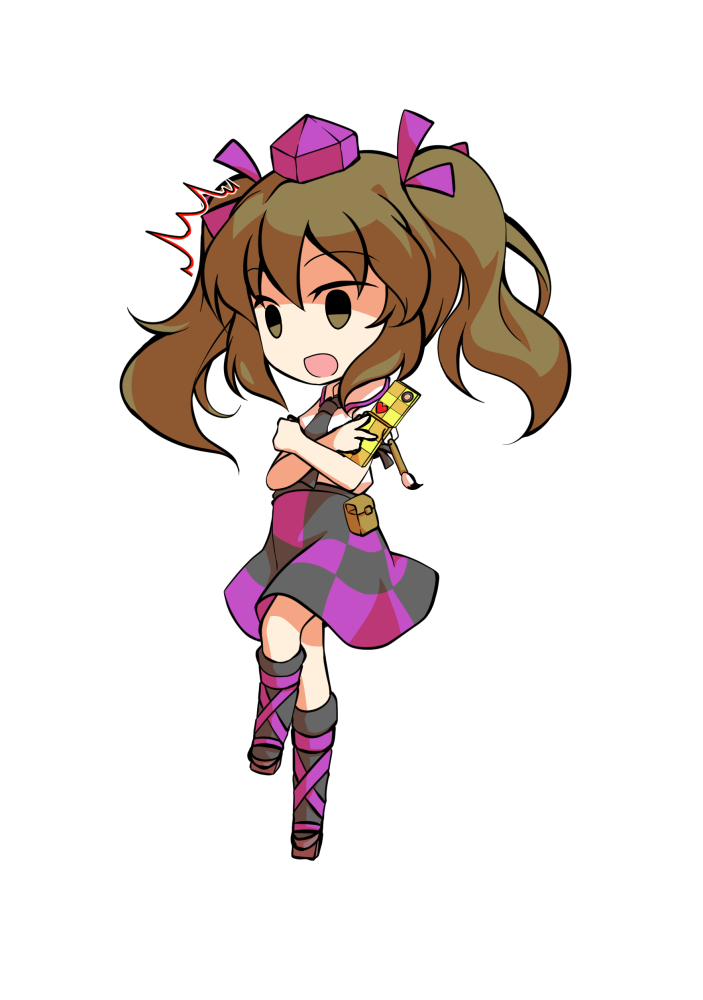 dairi, himekaidou hatate, touhou, commentary request, large variant set, variant set, 1girl, black necktie, black socks, brown hair, cellphone, checkered clothes, checkered skirt, chibi, chibi only, flip phone, full body, geta, hat, holding, holding phone, long hair, necktie, phone, purple hat, shirt, skirt, socks, solo, tachi-e, tengu-geta, tokin hat, transparent background, twintails, white shirt
