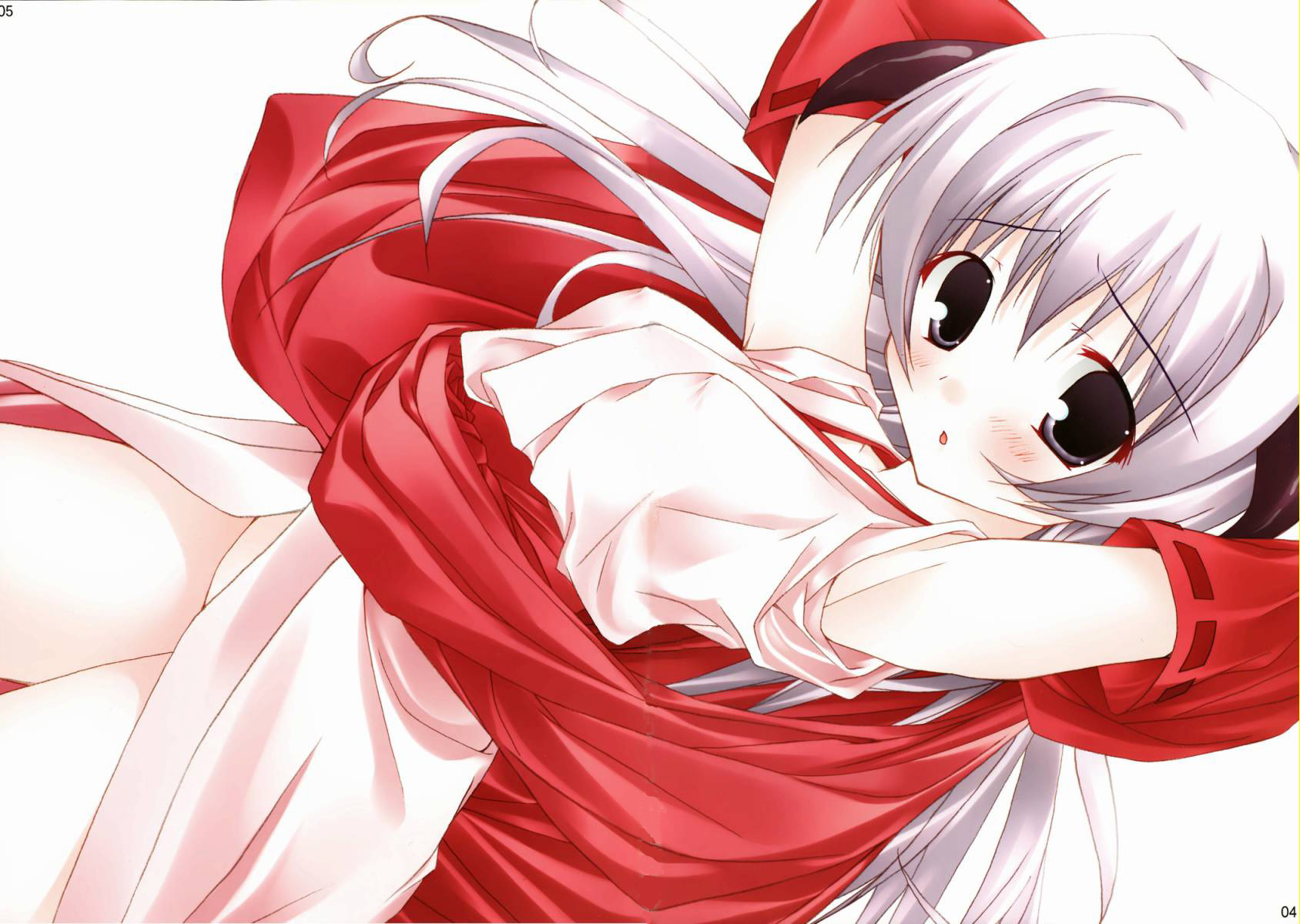 tororo (toriaezu), hanyuu, higurashi no naku koro ni, highres, 00s, 1girl, armpits, blush, female focus, japanese clothes, miko, solo, white hair