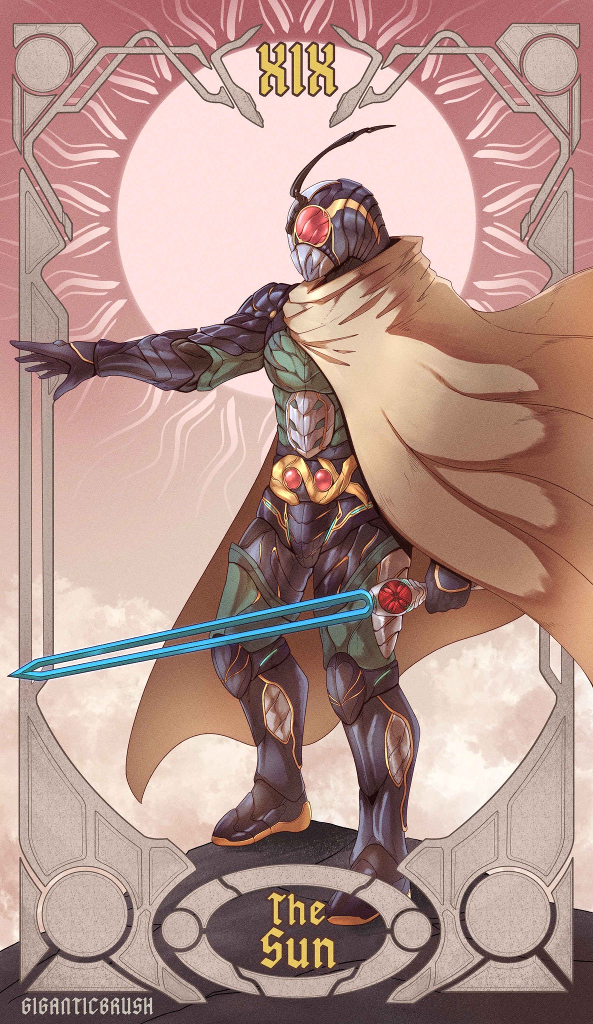 giganticbrush, kamen rider black rx, kamen rider, kamen rider black rx (series), highres, 1boy, antennae, armor, belt, card (medium), compound eyes, energy sword, gloves, helmet, holding, holding weapon, kingstone, male focus, red eyes, revolcane, rider belt, roman numeral, solo, standing, sword, tarot, tarot (medium), the sun (tarot), tokusatsu, weapon