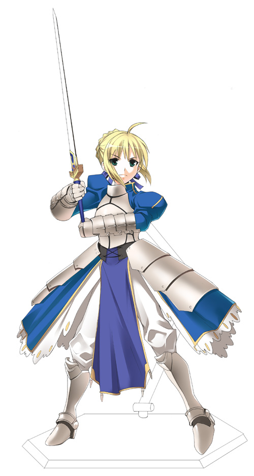 azu, artoria pendragon (fate), saber (fate), fate/stay night, fate (series), 00s, ahoge, armor, blonde hair, green eyes, hair ribbon, ribbon, solo, sword, weapon