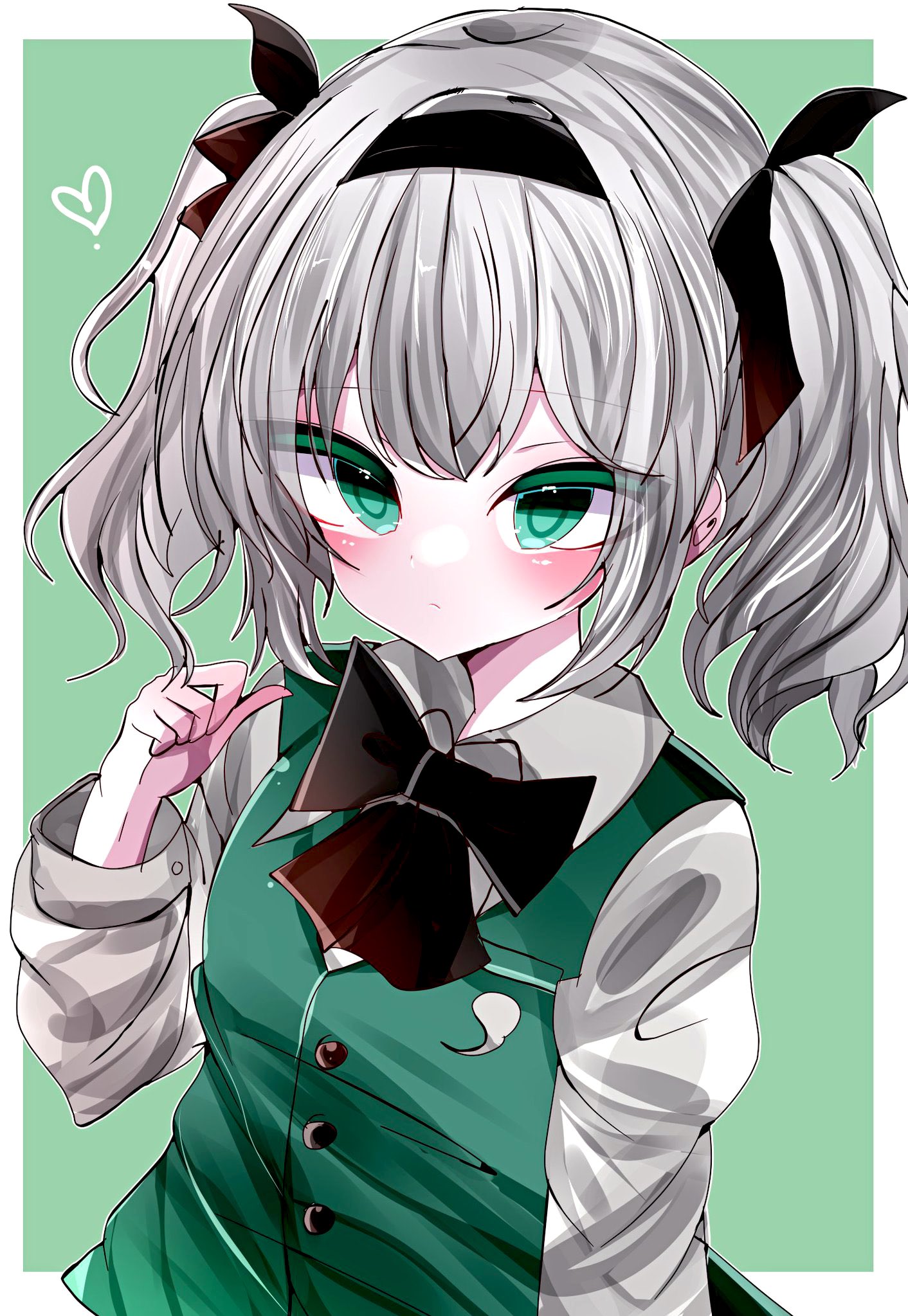 sora hikage, konpaku youmu, touhou, highres, 1girl, black bow, black bowtie, black hairband, bow, bowtie, green eyes, green vest, grey hair, hairband, hitodama print, long sleeves, looking at viewer, shirt, short hair, skirt, skirt set, solo, twintails, vest, white hair, white shirt