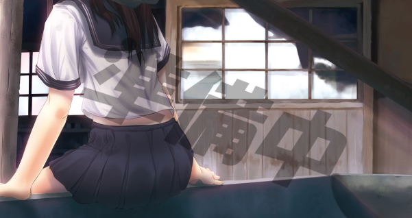 coach (artist), original, 1girl, black hair, black skirt, female focus, from behind, head out of frame, indoors, long hair, pleated skirt, sailor collar, school uniform, serafuku, shirt, short sleeves, sitting, skirt, sliding doors, solo, text focus, white shirt