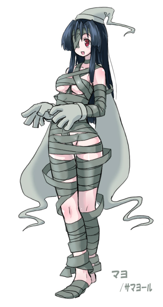 homura subaru, dusclops, nintendo, pokemon, 1girl, bandages, breasts, costume, eyepatch, female focus, gen 3 pokemon, hat, midriff, mummy, personification, simple background, solo, underboob, white background