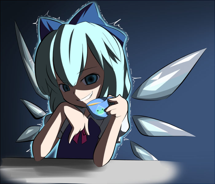 sugu maigo ninaru umumu, umumu (pilcre), cirno, embodiment of scarlet devil, touhou, bad id, bad pixiv id, 1girl, blue eyes, blue hair, cup, female focus, grin, hair ribbon, matching hair/eyes, ribbon, short hair, smile, solo, wings