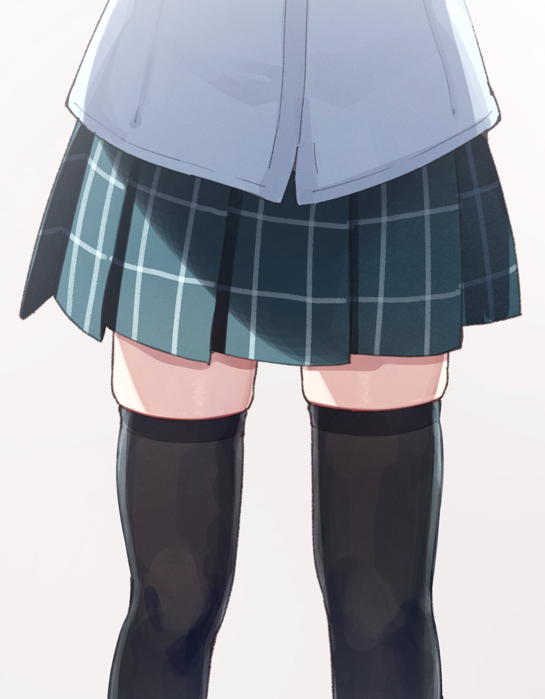 tata (tataice), takasaki yu, love live!, love live! nijigasaki high school idol club, absurdres, highres, 1girl, black thighhighs, close-up, crotch focus, green skirt, plaid clothes, plaid skirt, pleated skirt, shirt, skirt, solo, thighhighs, white shirt, zettai ryouiki