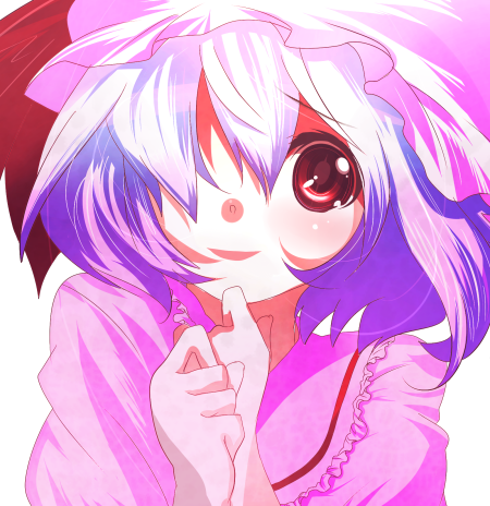 hidakarumen, remilia scarlet, touhou, bad id, bad pixiv id, lowres, 1girl, female focus, hair over one eye, hat, mob cap, own hands together, pink hat, purple hair, red eyes, short hair, simple background, solo