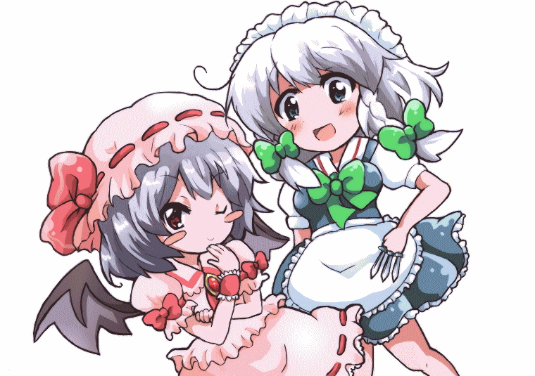 izayoi sakuya, remilia scarlet, touhou, bad id, bad pixiv id, 2girls, bad anatomy, chibi, female focus, hat, maid, multiple girls, poorly drawn, wings