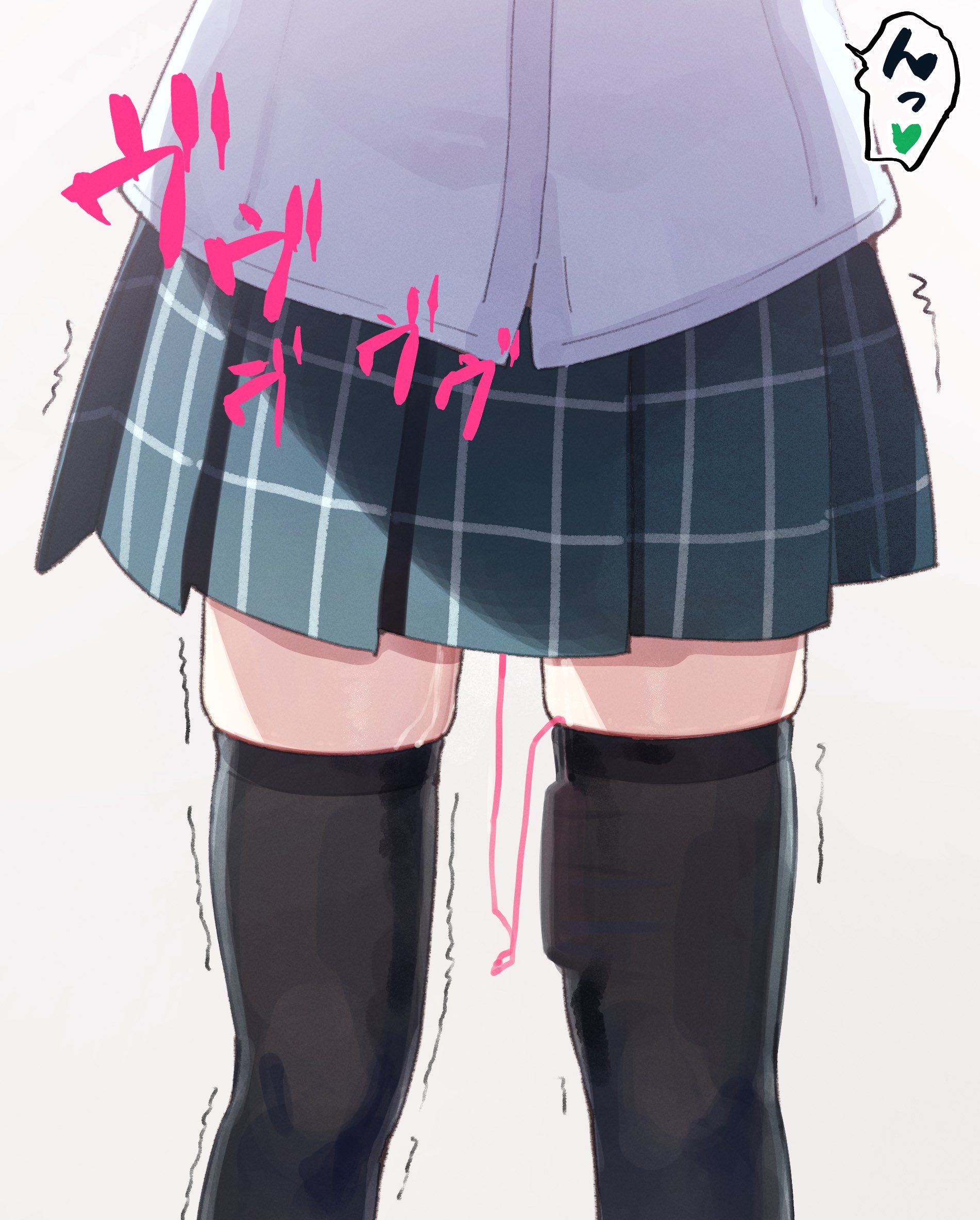tata (tataice), takasaki yu, love live!, love live! nijigasaki high school idol club, highres, 1girl, black thighhighs, close-up, crotch focus, egg vibrator, green skirt, plaid clothes, plaid skirt, pleated skirt, pussy juice, sex toy, shirt, skirt, solo, thighhighs, vibrator, vibrator in thighhighs, white shirt, zettai ryouiki