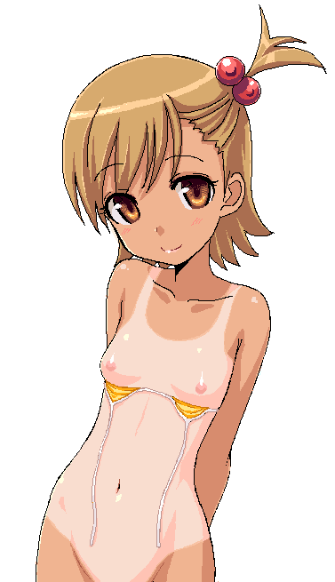 takayaki, futami mami, idolmaster, idolmaster (classic), idolmaster 1, untied, 00s, 1girl, arms behind back, bikini, bikini pull, bikini top only, blonde hair, bottomless, breasts, clothes pull, collarbone, female focus, flat chest, hair bobbles, hair ornament, head tilt, loli, looking at viewer, nipples, one-piece tan, short hair, side ponytail, simple background, smile, solo, swimsuit, tan, tanline, white background