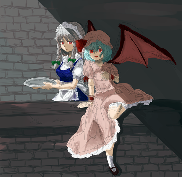ashiruko (mige), izayoi sakuya, remilia scarlet, touhou, bad id, bad pixiv id, 2girls, bat wings, female focus, maid, multiple girls, red eyes, wings
