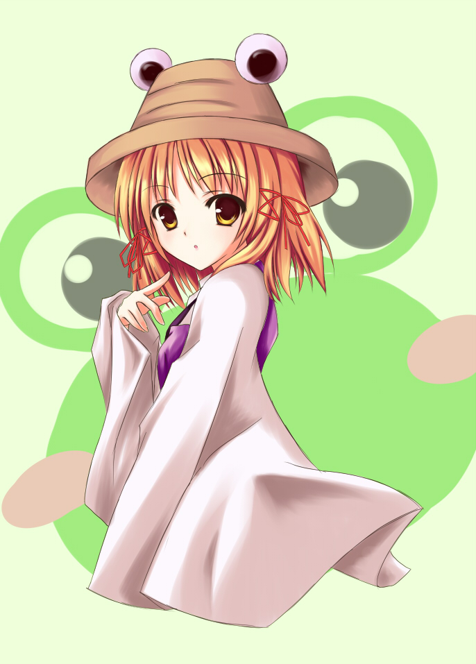 utakata (kochou no yume), moriya suwako, touhou, bad id, bad pixiv id, 1girl, :o, blonde hair, blush stickers, female focus, frog, hair ribbon, hat, looking at viewer, pointing, ribbon, short hair, solo, staring, wide sleeves, yellow eyes