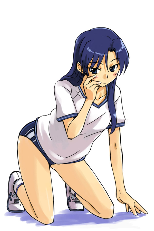 michael f91, kisaragi chihaya, idolmaster, idolmaster (classic), idolmaster 1, 00s, 1girl, blue hair, blush, buruma, collarbone, female focus, full body, gym uniform, kneeling, looking at viewer, shirt, shoes, short sleeves, simple background, sneakers, solo, sportswear, white background, white shirt