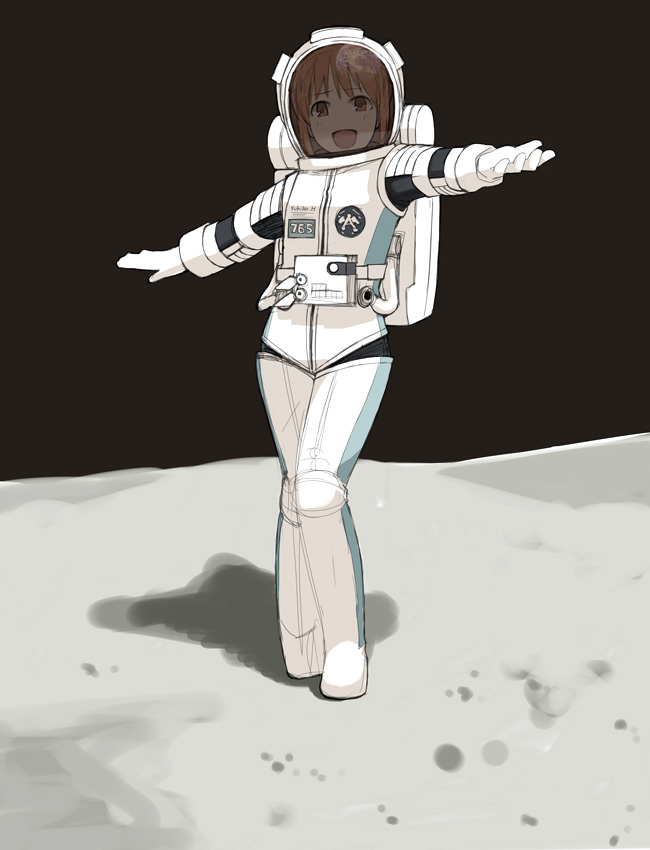 yu 65026, hagiwara yukiho, idolmaster, idolmaster (classic), visor, 00s, 1girl, :d, black sky, blush, brown eyes, brown hair, earth (planet), emblem, female focus, full body, moon, on moon, open hands, open mouth, outstretched arms, patch, planet, reflection, short hair, sky, smile, solo, space, spacesuit, standing