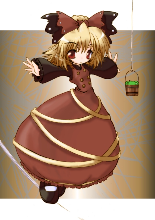 kitsune neko (kon mao), kisume, kurodani yamame, touhou, 1girl, blonde hair, bucket, female focus, full body, gradient background, in bucket, in container, outstretched arms, solo, spread arms
