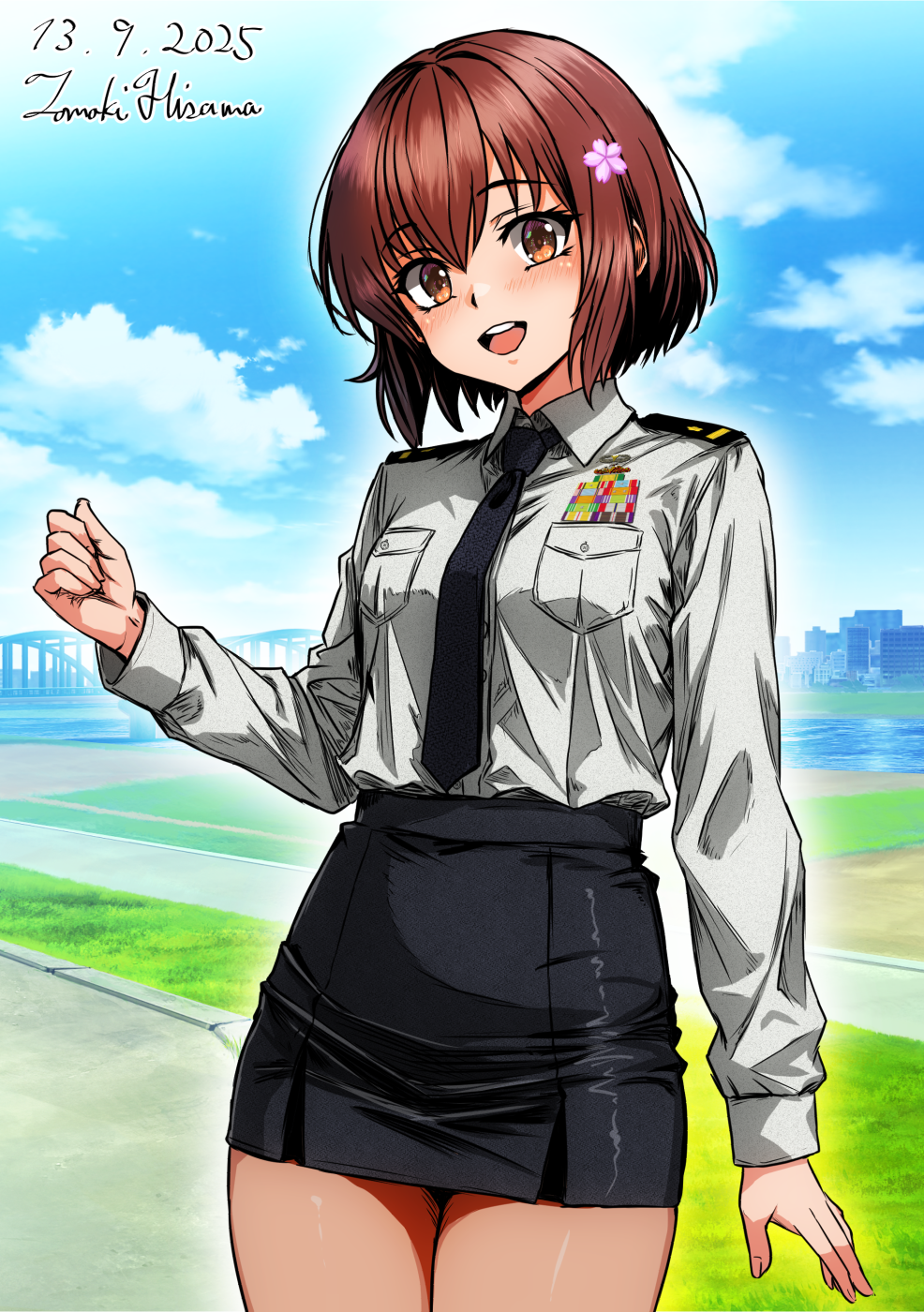 hisamatomoki, yukikaze (kancolle), yukikaze kai ni (kancolle), japan maritime self-defense force, japan self-defense force, kantai collection, highres, 1girl, alternate costume, artist name, black necktie, black skirt, breast pocket, brown eyes, brown hair, cherry blossoms, collared shirt, cowboy shot, dated, flower, hair between eyes, hair flower, hair ornament, long sleeves, looking at viewer, military, military dress uniform, military rank insignia, military uniform, miniskirt, naval dress uniform, naval uniform, necktie, one-hour drawing challenge, open mouth, pencil skirt, pocket, ribbon bar, round teeth, shirt, short hair, shoulder boards, skirt, solo, teeth, upper teeth only, white shirt
