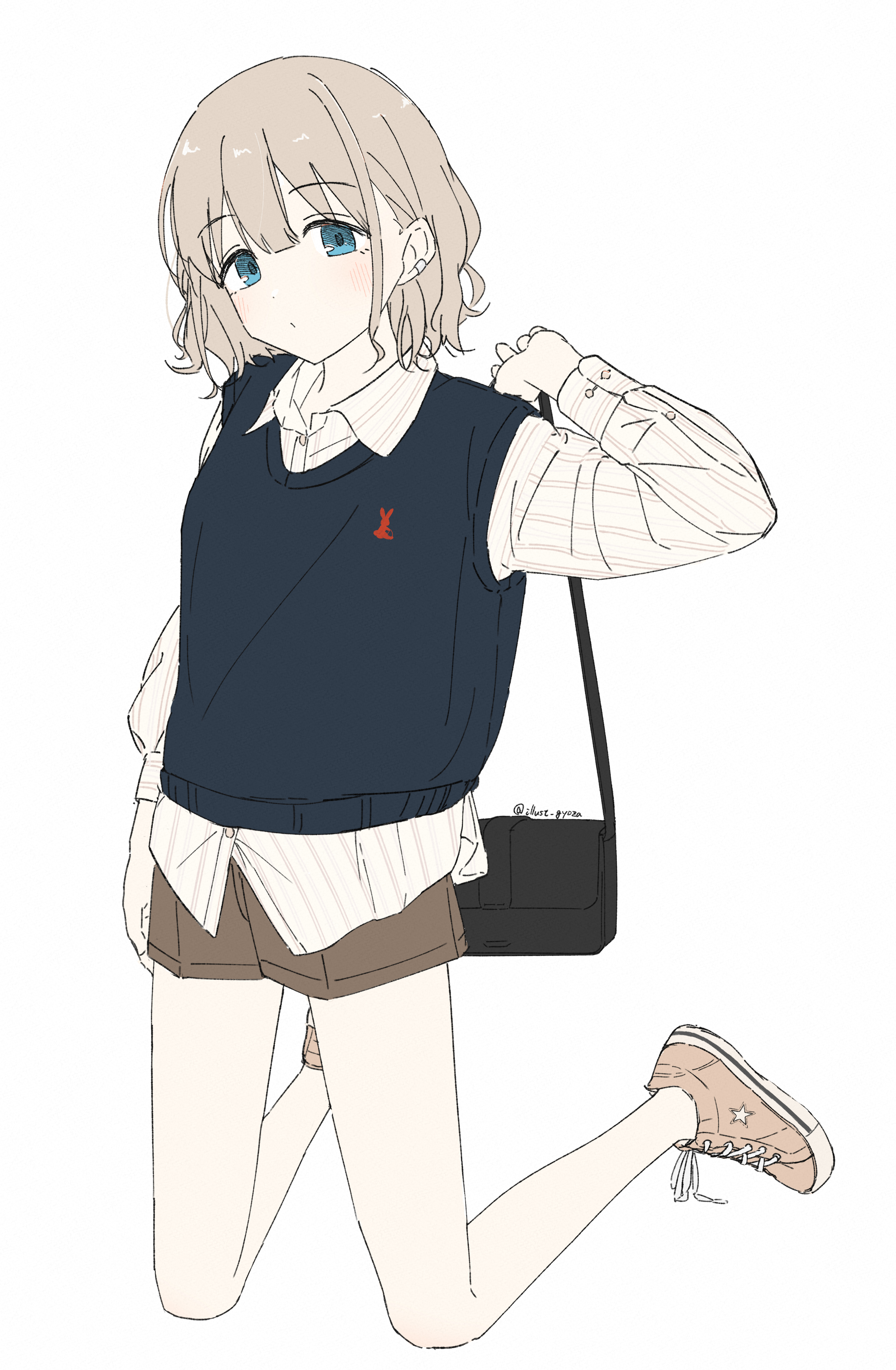 age gyoza, serizawa asahi, idolmaster, idolmaster shiny colors, absurdres, highres, 1girl, bag, blue eyes, blush, collared shirt, full body, long sleeves, looking at viewer, pinstripe pattern, pinstripe shirt, shirt, shoes, shorts, solo, striped background, sweater vest, vest, white shirt