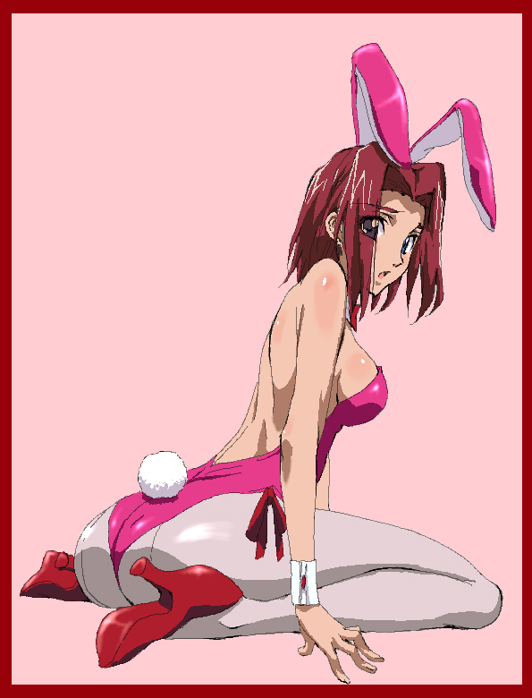 fujimoto satoru, kouzuki kallen, code geass, 00s, 1girl, animal ears, ass, breasts, fake animal ears, female focus, high heels, huge ass, leotard, pantyhose, playboy bunny, rabbit ears, shoes, sideboob, solo