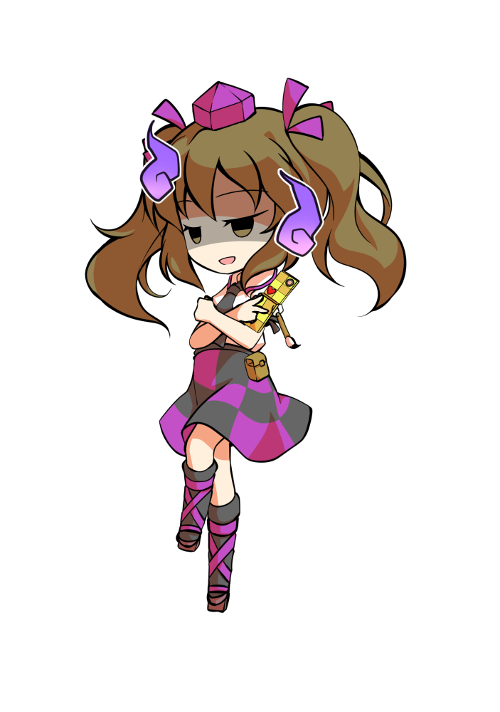 dairi, himekaidou hatate, touhou, commentary request, large variant set, variant set, 1girl, black necktie, black socks, brown hair, cellphone, checkered clothes, checkered skirt, chibi, chibi only, flip phone, full body, geta, hat, holding, holding phone, long hair, necktie, phone, purple hat, shirt, skirt, socks, solo, tachi-e, tengu-geta, tokin hat, transparent background, twintails, white shirt
