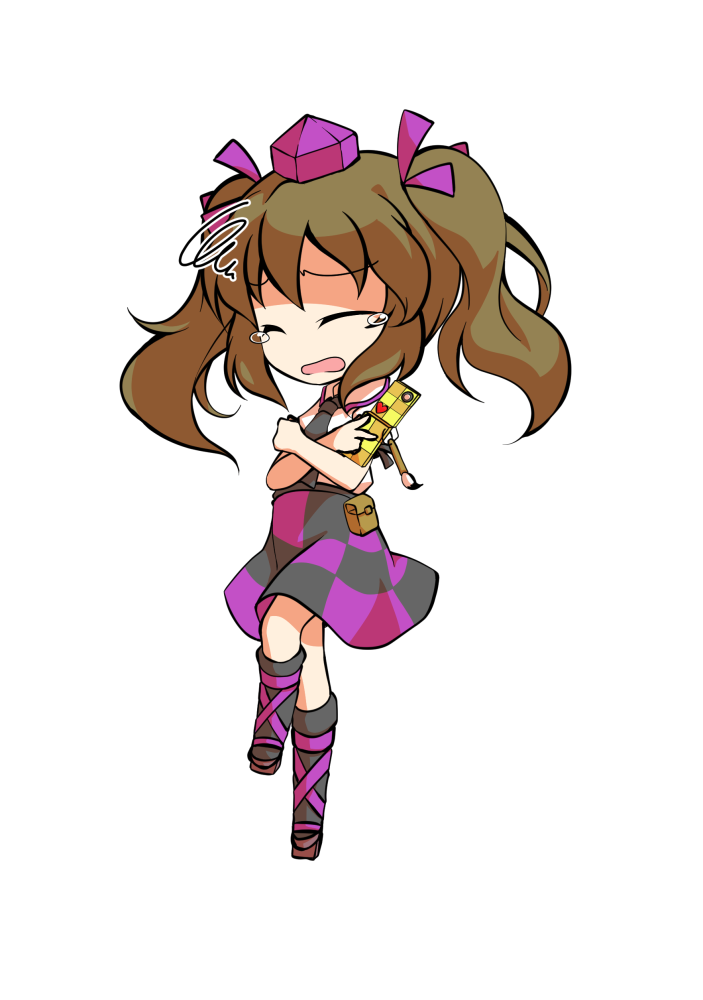 dairi, himekaidou hatate, touhou, commentary request, large variant set, variant set, 1girl, black necktie, black socks, brown hair, cellphone, checkered clothes, checkered skirt, chibi, chibi only, flip phone, full body, geta, hat, holding, holding phone, long hair, necktie, phone, purple hat, shirt, skirt, socks, solo, tachi-e, tengu-geta, tokin hat, transparent background, twintails, white shirt