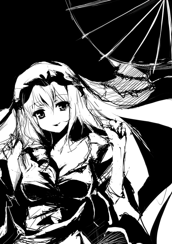 cofepig, saigyouji yuyuko, touhou, bad id, bad pixiv id, 1girl, female focus, greyscale, monochrome, solo