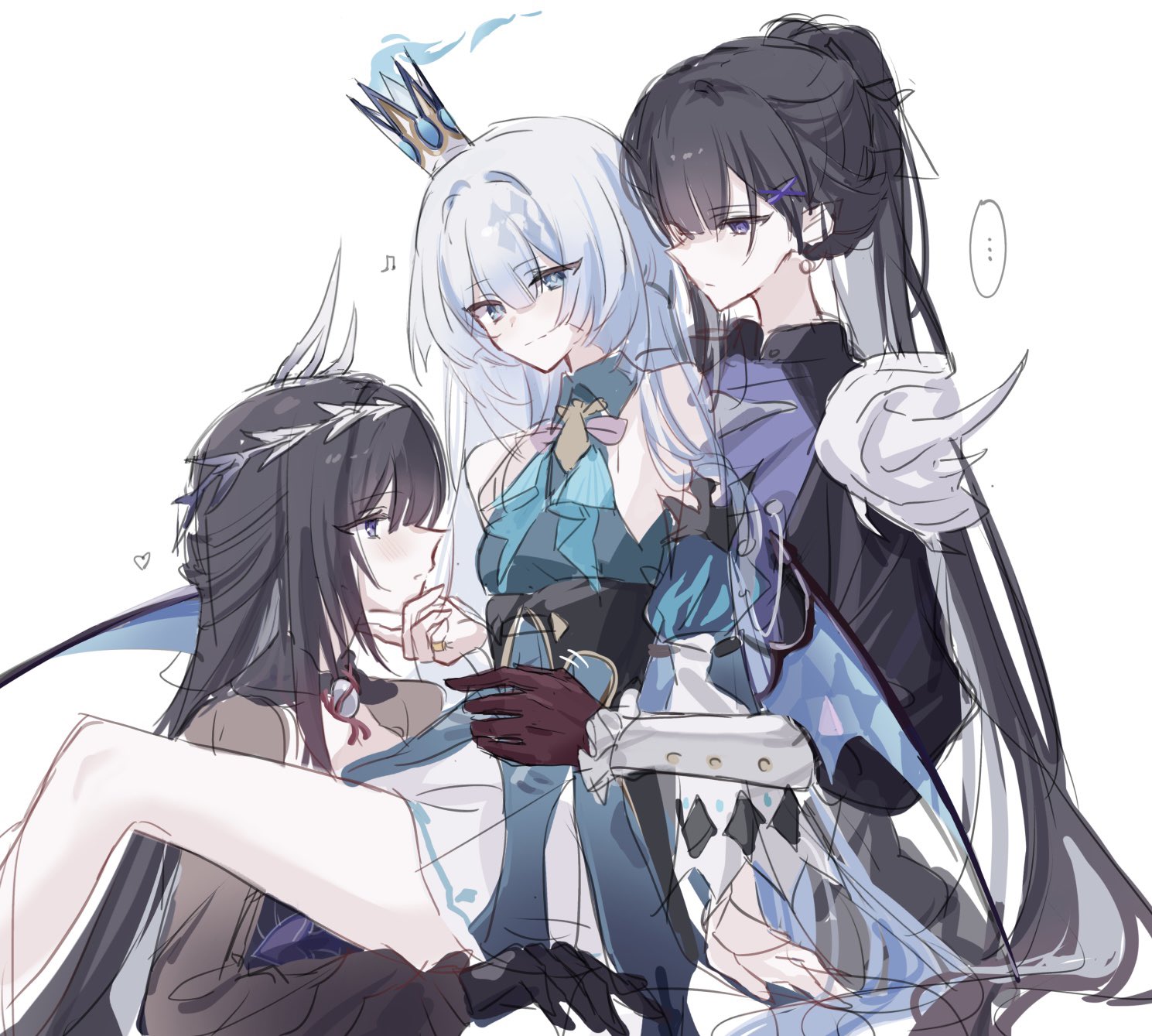 ame amean, cerydra (honkai: star rail), hysilens (honkai: star rail), honkai: star rail, honkai (series), character request, highres, …, 3girls, black gloves, black hair, blue dress, blue eyes, blush, closed mouth, crown, dress, girl sandwich, gloves, hand on another's chin, long hair, multiple girls, purple eyes, red gloves, sandwiched, simple background, spoken ellipsis, white background, white hair, yuri