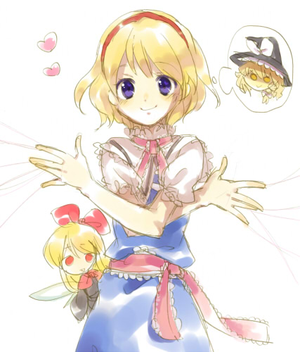 kiris, alice margatroid, kirisame marisa, shanghai doll, touhou, bad id, bad pixiv id, lowres, 1girl, blonde hair, blue eyes, dress, female focus, hat, solo, white background