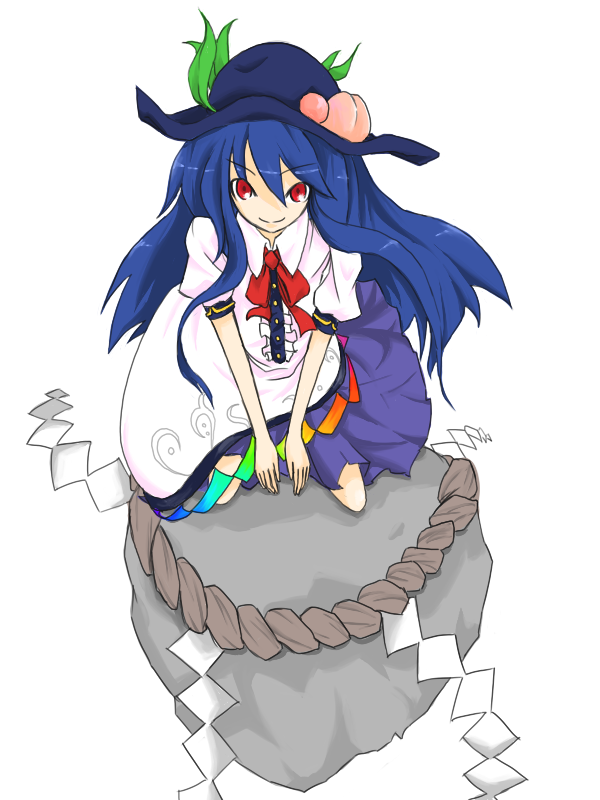 betuni, hinanawi tenshi, touhou, bad id, bad pixiv id, 1girl, blue hair, female focus, kaname-ishi, kneeling, long hair, red eyes, rope, shide, shimenawa, simple background, solo, white background