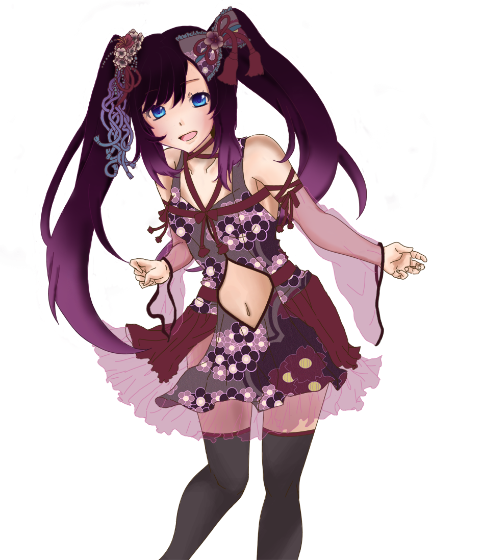 honeydew (artist), mizusawa misuzu, blue eyes, long hair, navel, purple hair, ribbon, solo, thighhighs, twintails