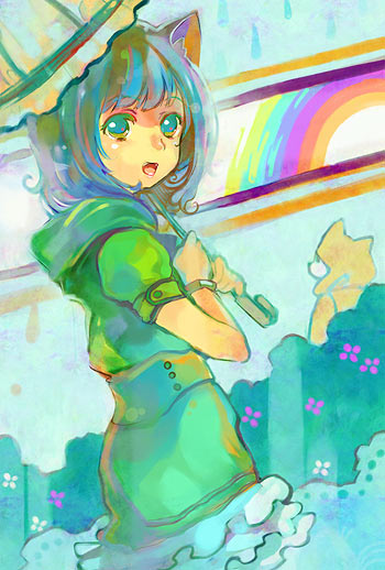 ame yamori, original, 1girl, :o, animal ears, blue eyes, blue hair, cat ears, dress, female focus, from side, green dress, looking at viewer, looking to the side, matching hair/eyes, open mouth, puffy short sleeves, puffy sleeves, short hair, short sleeves, solo, umbrella