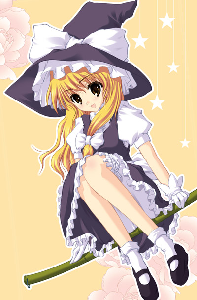 katagiri chisato, kirisame marisa, touhou, 1girl, blonde hair, broom, broom riding, female focus, hat, sidesaddle, socks, solo, white socks, witch, witch hat