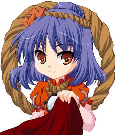 katagiri chisato, yasaka kanako, touhou, lowres, 1girl, chibi, female focus, hair ornament, leaf hair ornament, rope, shimenawa, solo