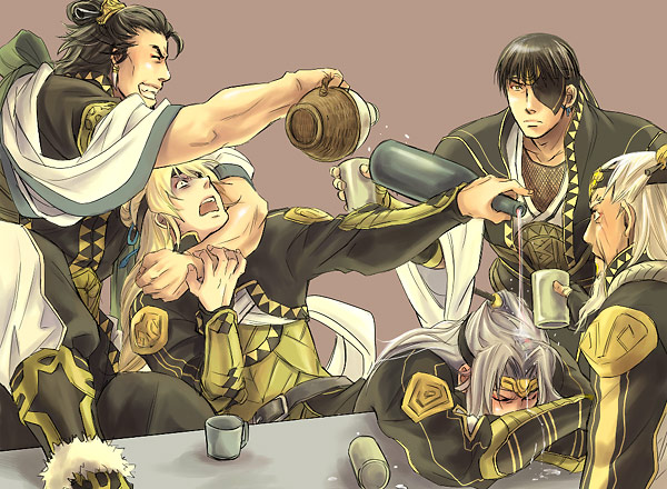 ferid egan, galleon (suikoden), georg prime, kyle (suikoden), zahhak (suikoden), gensou suikoden, gensou suikoden v, 5boys, asphyxiation, black hair, blonde hair, bottle, drunk, eyepatch, long hair, male focus, multiple boys, strangling, white hair