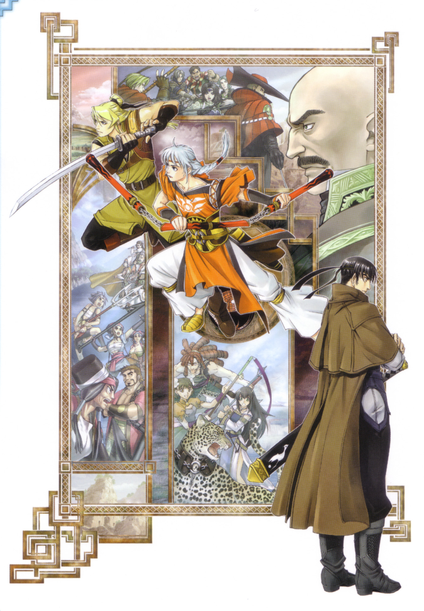 belcoot (suikoden), bernadette egan, ernst, freyjadour falenas, gavaya, georg prime, killey, kisara (suikoden), kyle (suikoden), logg, lorelai (suikoden), lun (gensou suikoden), marscal godwin, nelis (suikoden), norma (suikoden), orok (suikoden), raja (suikoden), subala (suikoden), viki, viki (suikoden), volga (suikoden), yahr (suikoden), zweig, gensou suikoden, gensou suikoden v, konami, highres, 6+boys, 6+girls, everyone, harpoon, katana, multiple boys, multiple girls, polearm, side slit, spear, staff, sword, three section staff, trident, wand, weapon, whip