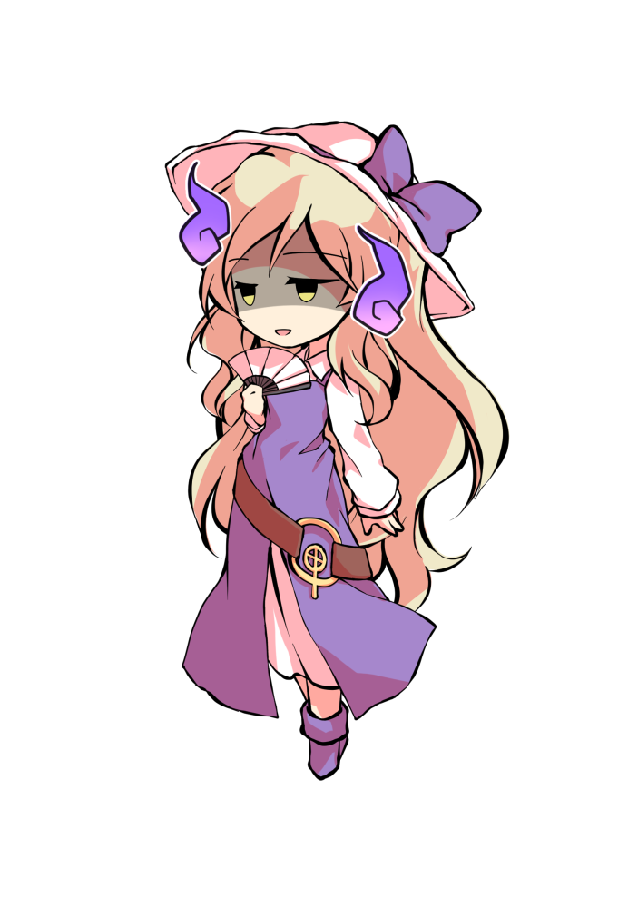 dairi, watatsuki no toyohime, touhou, commentary request, large variant set, variant set, 1girl, belt, blonde hair, brown belt, chibi, chibi only, collared shirt, dress, full body, hand up, hat, hat ribbon, long sleeves, o-ring, purple dress, purple ribbon, purple shoes, ribbon, shirt, shoes, solo, tachi-e, transparent background, white hat, white shirt