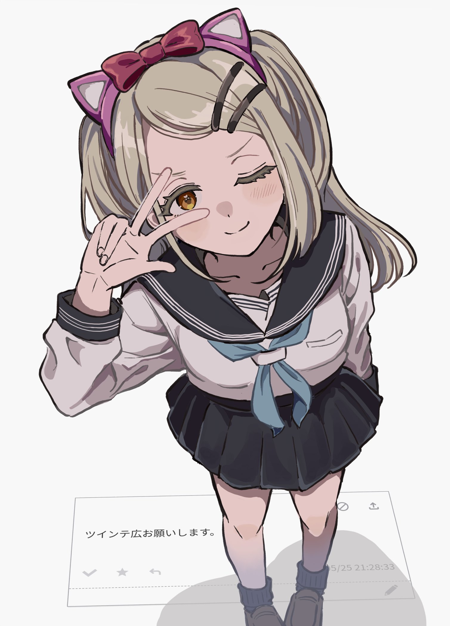 yureru 300, shinosawa hiro, gakuen idolmaster, idolmaster, odaibako, highres, translation request, 1girl, animal ears, black sailor collar, black skirt, black socks, blonde hair, blue neckerchief, blush, bow, breasts, brown shoes, cat ears, closed mouth, collarbone, fake animal ears, from above, full body, hair ornament, hairclip, hand up, hatsuboshi gakuen school uniform, loafers, long hair, long sleeves, looking at viewer, neckerchief, one eye closed, orange eyes, parallel hairclips, pleated skirt, red bow, sailor collar, school uniform, serafuku, shadow, shoes, simple background, skirt, small breasts, smile, socks, solo, standing, two side up, w, w over eye, white background