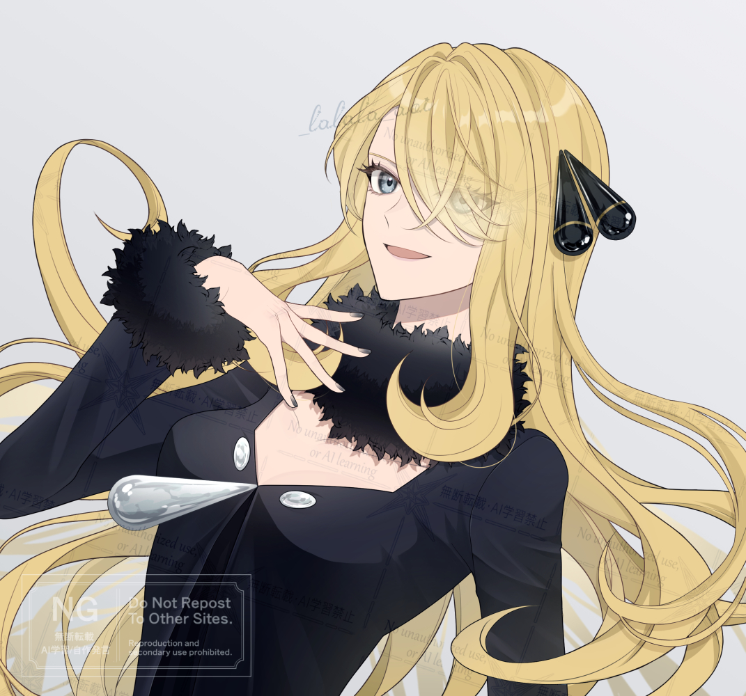 sakaralalala, cynthia (pokemon), nintendo, pokemon, pokemon dppt, 1girl, black coat, blonde hair, breasts, coat, fur-trimmed coat, fur-trimmed sleeves, fur collar, fur trim, grey eyes, hair ornament, hair over one eye, long hair, long sleeves, looking at viewer, open mouth, simple background, smile, solo, upper body, very long hair
