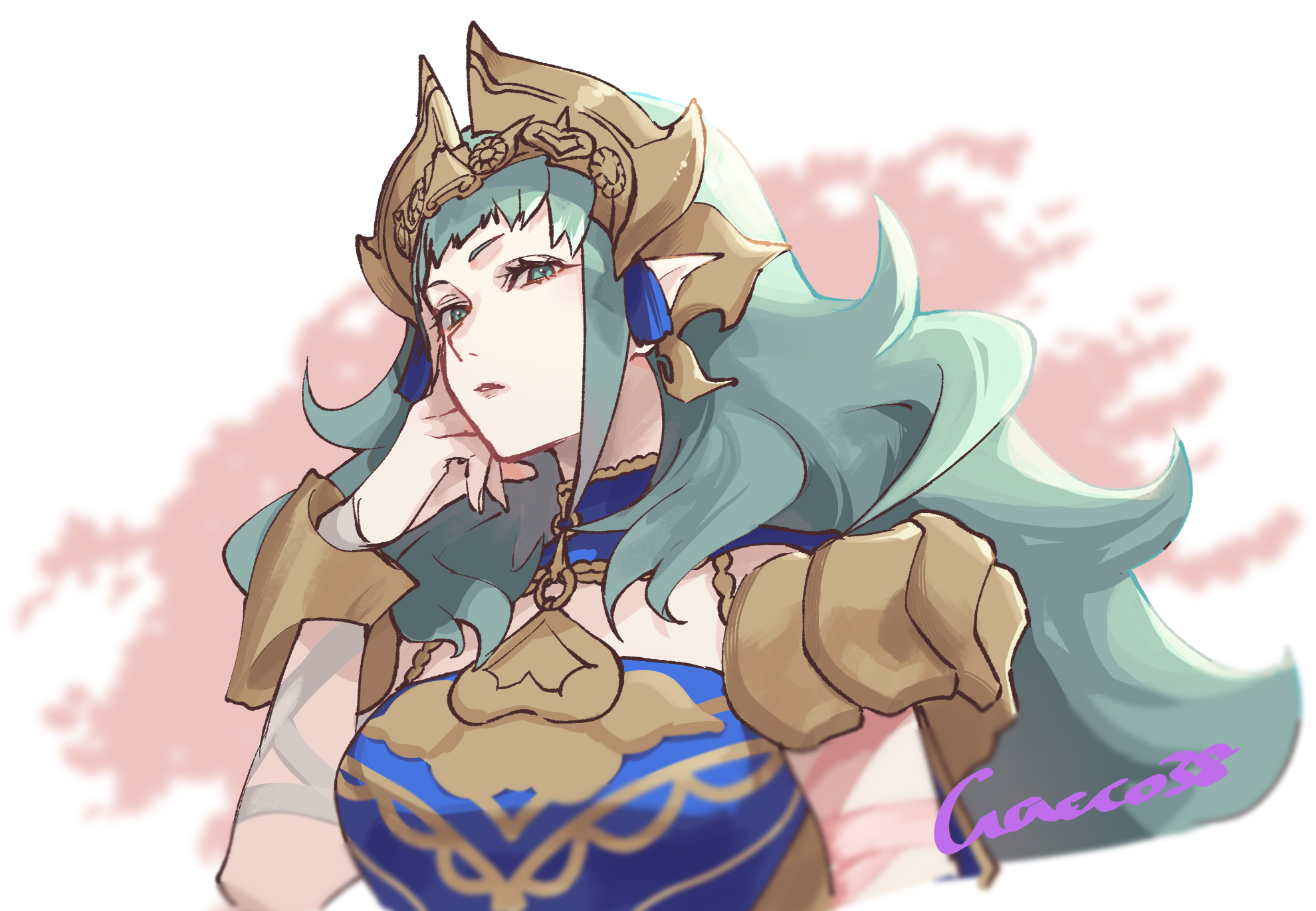 gakko (gacco38), sothis (adult) (fire emblem), sothis (fire emblem), fire emblem, fire emblem: fortune's weave, nintendo, highres, 1girl, arm wrap, blue dress, breasts, closed mouth, dress, green eyes, green hair, hair ornament, headpiece, long hair, looking at viewer, medium breasts, pointy ears, ribbon, solo, tassel, tassel hair ornament, tiara, upper body