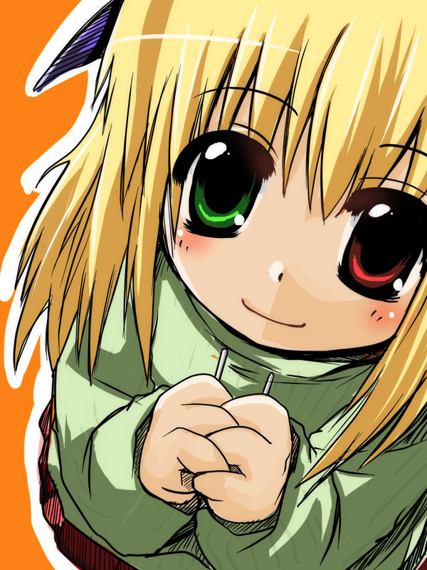 ruku (alicecreation), vivio, lyrical nanoha, mahou shoujo lyrical nanoha, mahou shoujo lyrical nanoha strikers, 00s, 1girl, blonde hair, blush, female focus, green eyes, heterochromia, red eyes, smile, solo