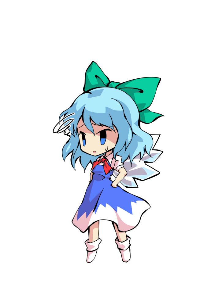 dairi, cirno, touhou, commentary request, large variant set, variant set, 1girl, blue dress, blue hair, chibi, chibi only, dress, full body, green ribbon, hair ribbon, hands on own hips, ice, ice wings, medium hair, neckerchief, puffy short sleeves, puffy sleeves, red neckerchief, ribbon, shirt, short sleeves, socks, solo, tachi-e, transparent background, white shirt, white socks, wings