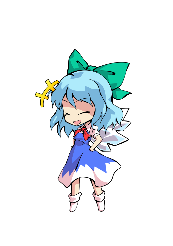 dairi, cirno, touhou, commentary request, large variant set, variant set, 1girl, blue dress, blue hair, chibi, chibi only, dress, full body, green ribbon, hair ribbon, hands on own hips, ice, ice wings, medium hair, neckerchief, puffy short sleeves, puffy sleeves, red neckerchief, ribbon, shirt, short sleeves, socks, solo, tachi-e, transparent background, white shirt, white socks, wings