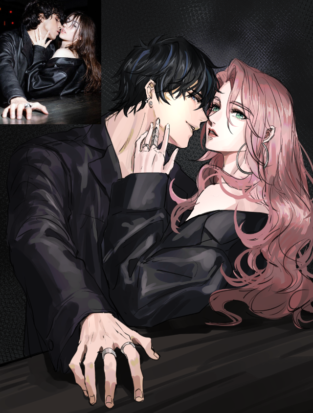 kurokawa karasu, original, photo-referenced, 1boy, 1girl, black hair, black jacket, couple, earrings, green eyes, hair between eyes, hand on another's chin, hetero, jacket, jacket partially removed, jewelry, long hair, multiple earrings, multiple rings, parted bangs, parted lips, photo inset, pink hair, reference inset, ring, short hair, single bare shoulder, suit jacket, upper body, wavy hair