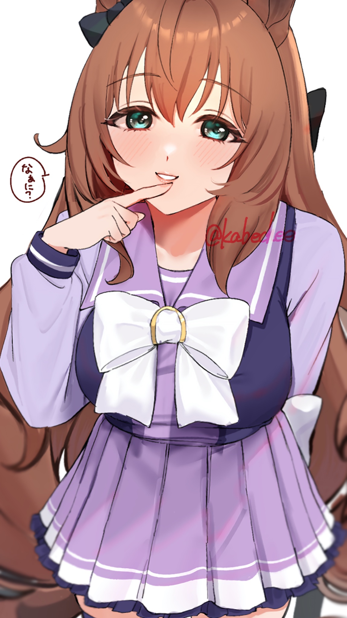 chikabe, maruzensky (umamusume), umamusume, highres, 1girl, animal ears, blue eyes, blush, bow, breasts, brown hair, ear bow, ear ornament, hair between eyes, horse ears, horse girl, horse tail, large breasts, long hair, looking at viewer, school uniform, skirt, smile, solo, tail, tracen school uniform