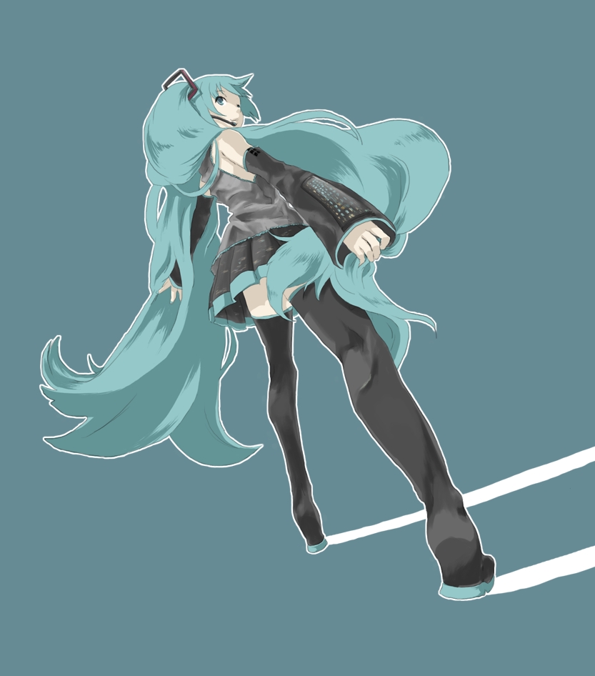 tani (tus), tus (tani), hatsune miku, vocaloid, bad id, bad pixiv id, blue hair, detached sleeves, long hair, microphone, solo, thighhighs, very long hair, zettai ryouiki