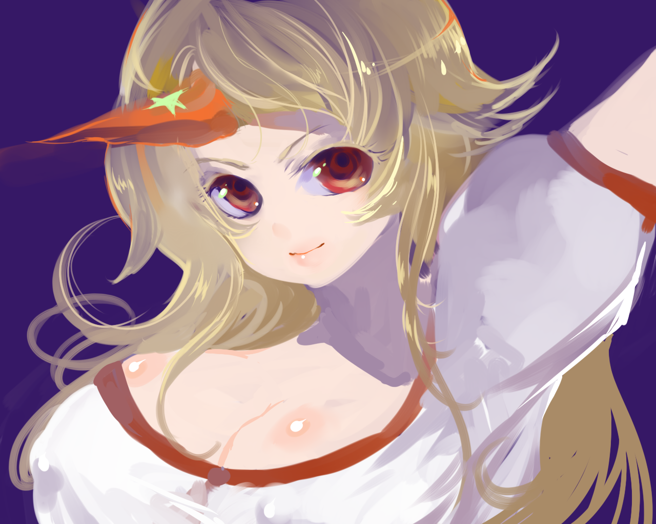 hoshiguma yuugi, touhou, artist request, 1girl, blonde hair, breasts, cleavage, female focus, horns, huge breasts, red eyes, single horn, solo